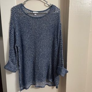 J.Jill Womens Linen Blend Boat Neck Long Sleeve Open Knit Sweater Blue Medium